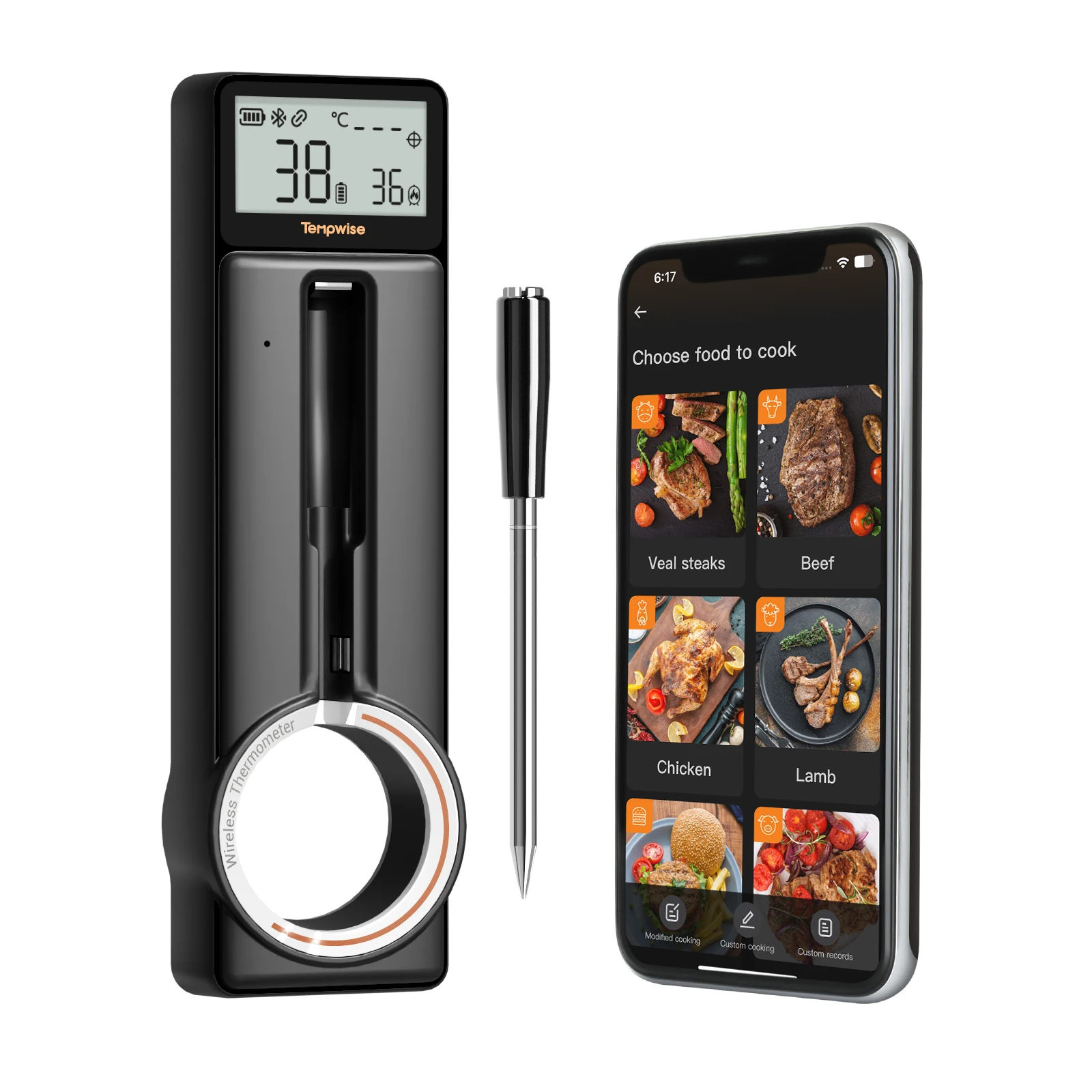 Meat thermometer 5.4 Bluetooth 5mm ultra thin probe HD LCD display multiple temperature alarms thermometer for cooking grilling