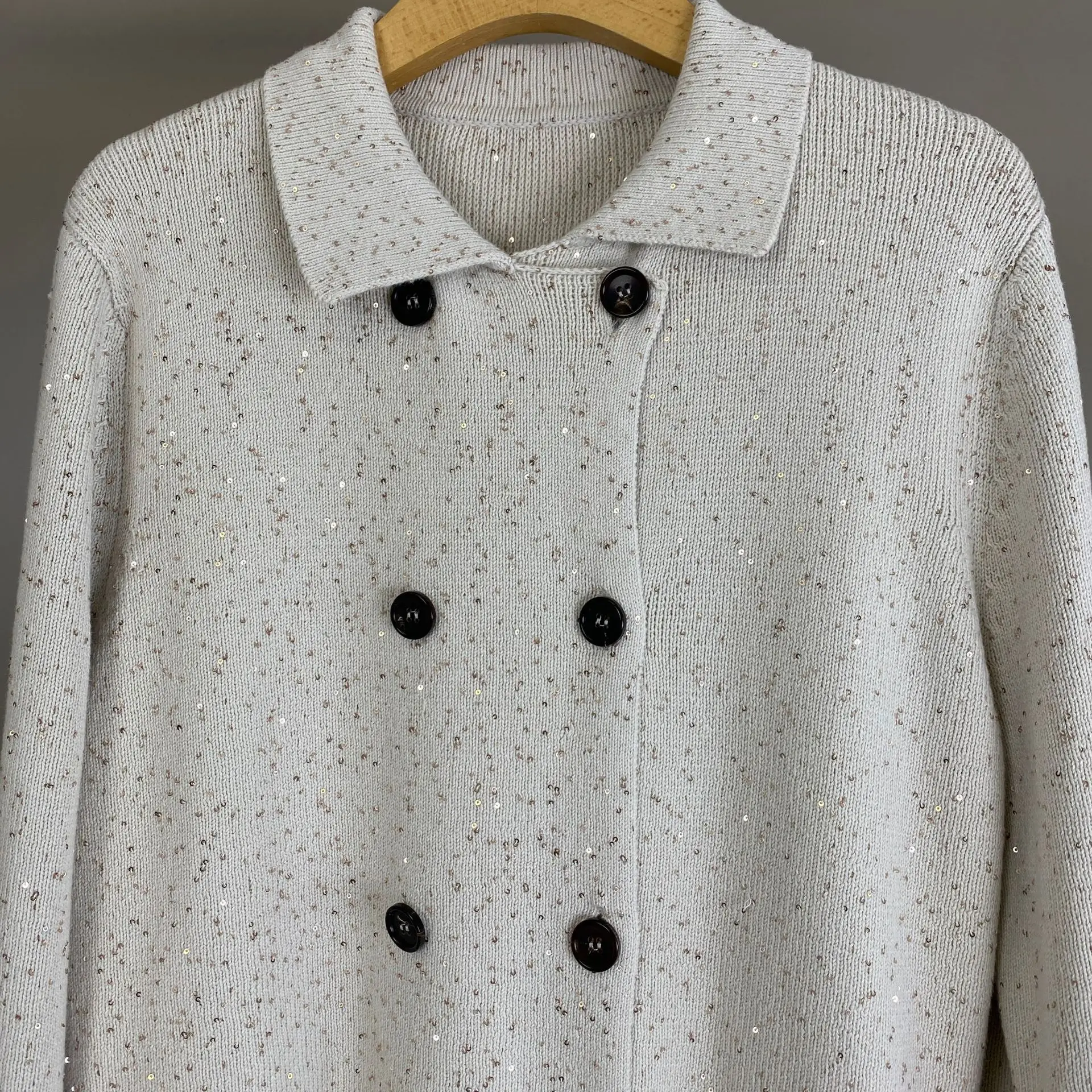2026 Autumn Winter New Cotton Lapel Sequin Double Breasted Knitted Cardigan Jacket
