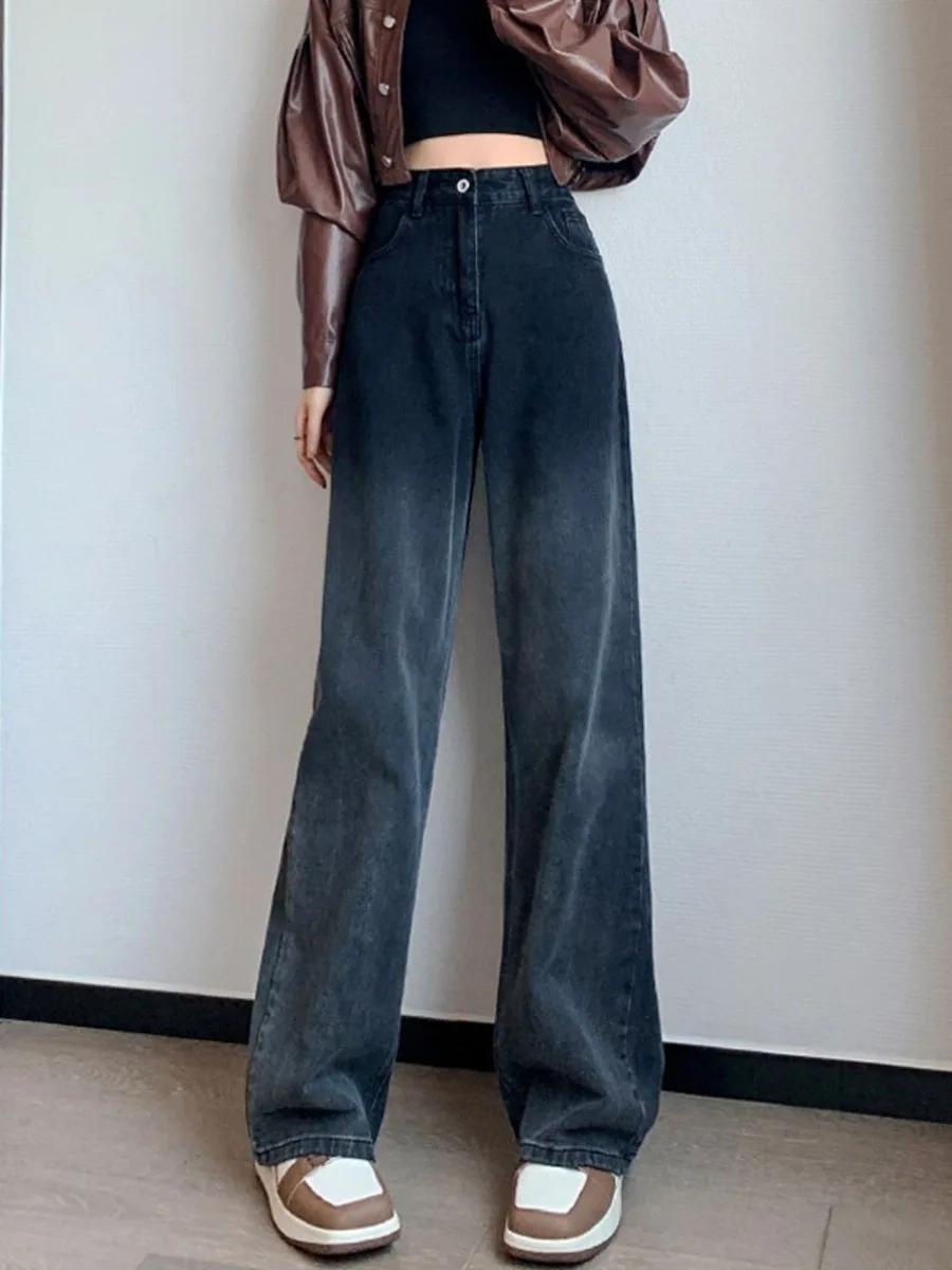 

Women's Retro Jeans 2024 Spring Autumn New Large Size High Waist Slim Gradient Wide Leg Pants Casual Loose Denim Trousers