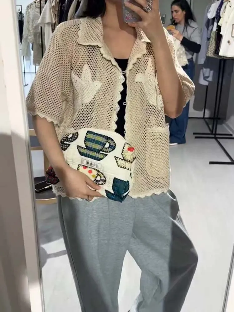 Top in cotone per donna Primavera Estate Casual Ricamo all'uncinetto Camicia a maniche corte con risvolto scavato Camicette abbottonate