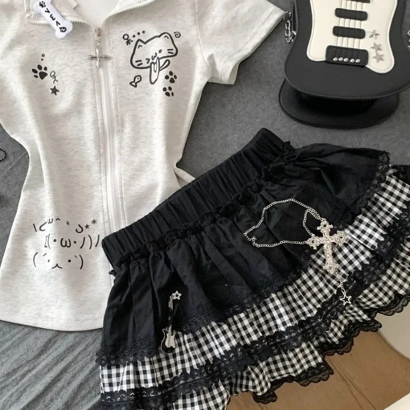 

Japanese Lace Patchwork Black Skirt for Women Summer Ruched A-line Cake Skirts 2025 New High Waist Faldas Sexy Mujer