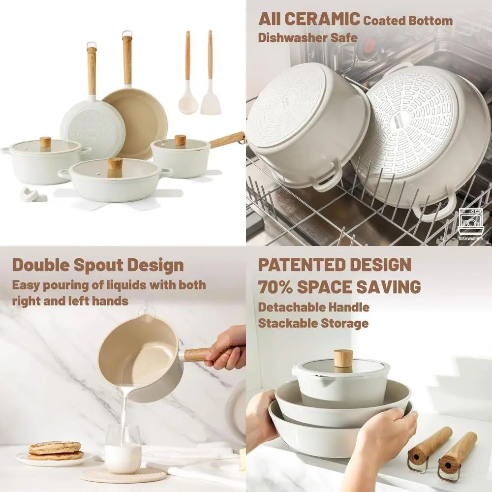 

Нетоксичный 15-предметный набор посуды с антипригарным покрытием, включая кастрюли и сковороды, подходит для мытья в посудомоечной машине и использования в духовке, совместим с индукционными плитами.