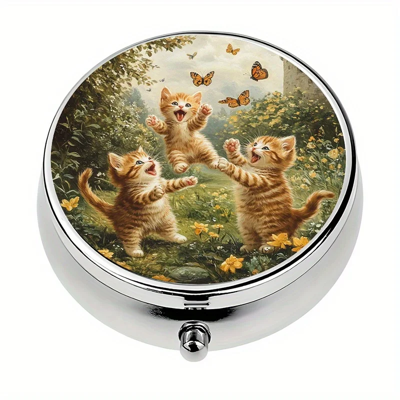 1 pill box with 3 compartments, mini pill container with cute cat and butterfly theme, pill organizer, portable and unique gift