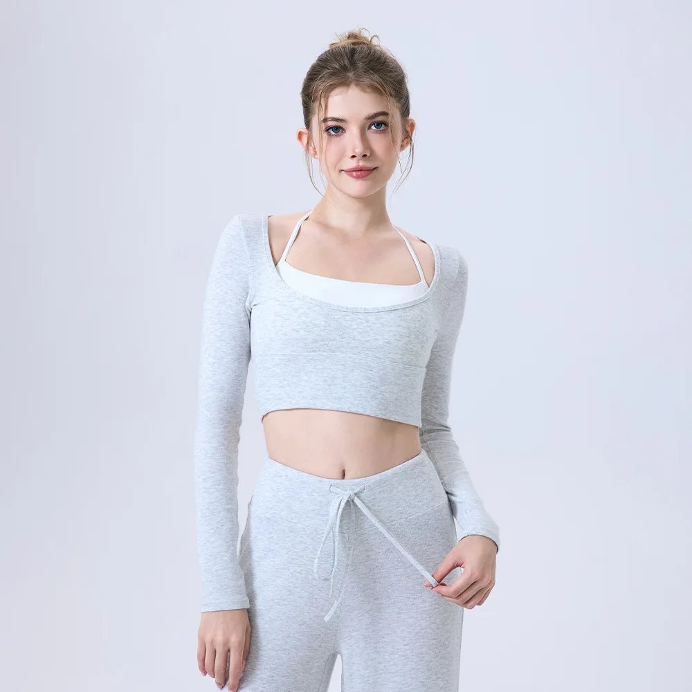 

Fake Two Pieces Halter Nude Feel Long Sleeve Half Fixed Cup Stitching Color Crop Tops Sports Fitness Gym Skin-friendly Tops