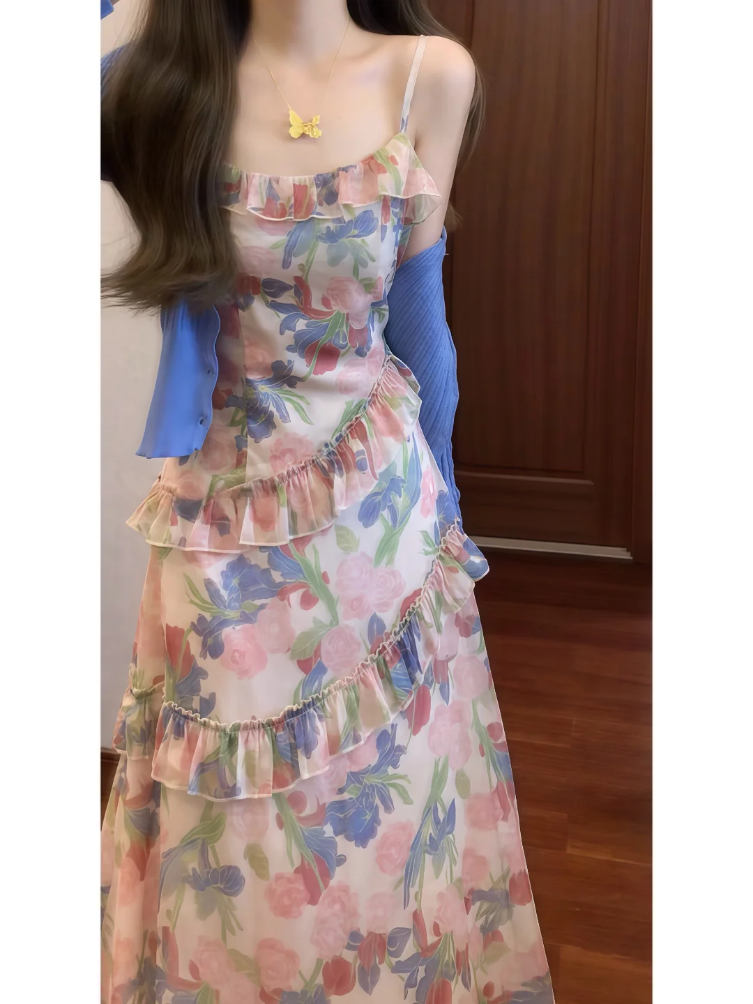 Verano 2025 Cárdigan abierto con estampado floral Tea Break Dr Conjunto de dos piezas Ele Lady Sle Falda larga Ropa de viaje informal Hidrata...