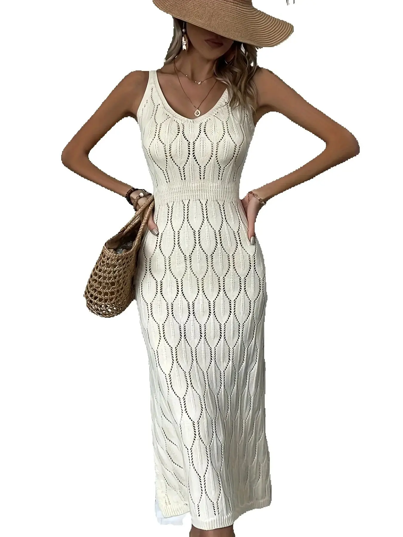 2025 NOVEDAD DE VERANO elegante vestido de playa Sexy falda Color sólido Casual ajustado cintura elástica diseño único vestido de punto de nicho