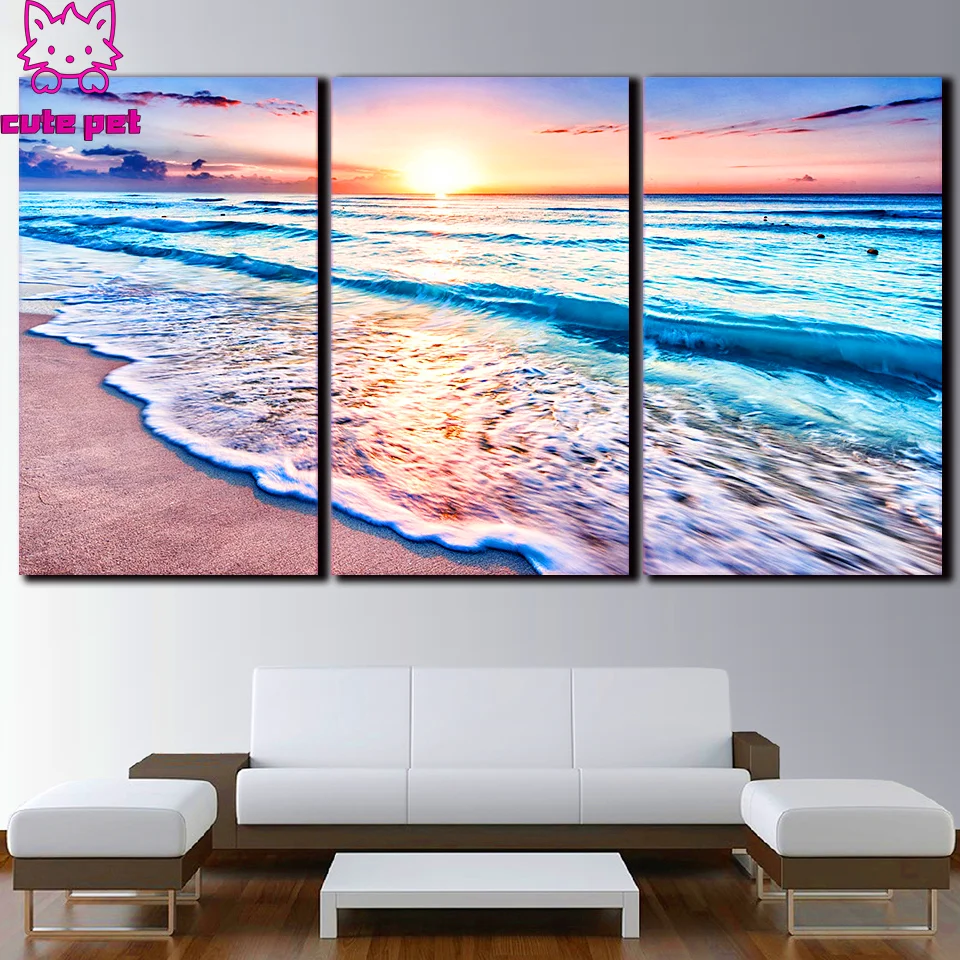 Diamond Painting Cross Stitch Sunset ocean wave scenery Diamond Embroidery5D Diamond Decor Full Square round Drill Handmade 3PCS