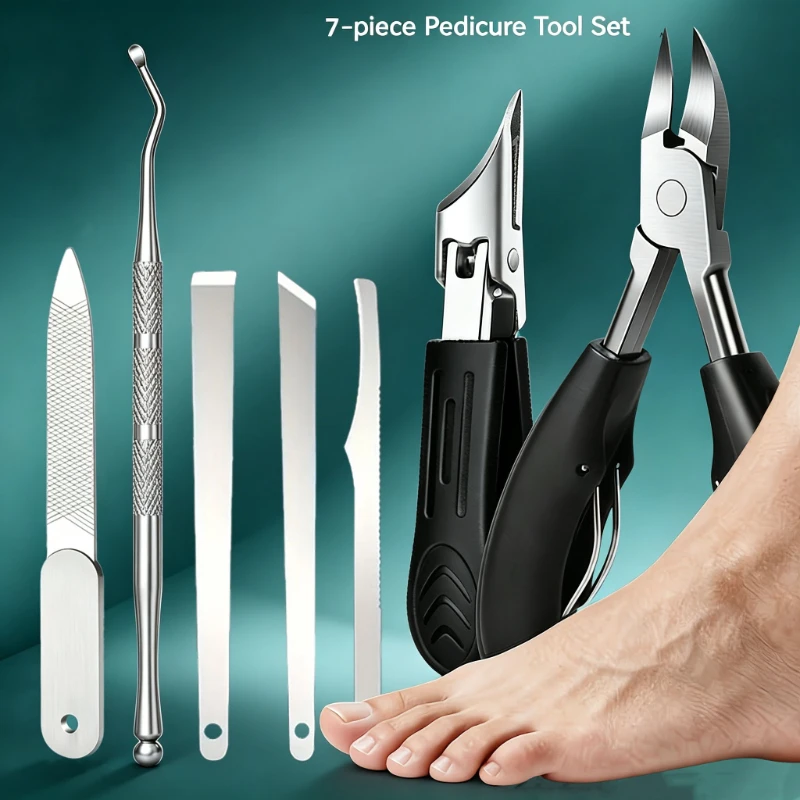 7-teiliges professionelles Pediküre-Set aus Edelstahl: Eingewachsener-Nagel-Clipper, Schräg-Nagelschneider, Fußmesser, Nagelfeile mit rutschfestem Griff – einfach anzuwenden