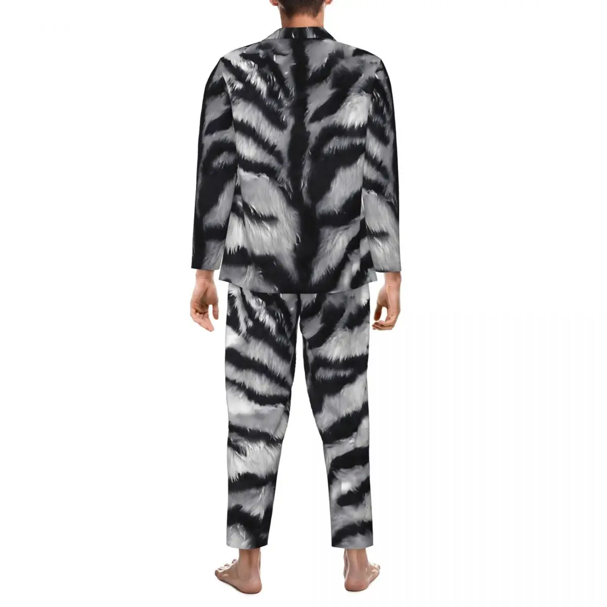 Pijamas masculinos com estampa de tigre branco, roupa de dormir diária com pele de animal, 2 peças, conjunto de pijama vintage, mangas compridas, kawaii, terno de casa de grandes dimensões