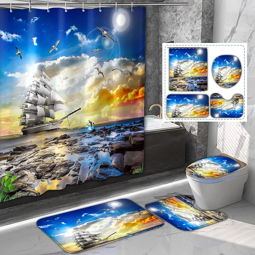 

4-piece set of Ocean sunset sailboat printed waterproof shower curtains with 12 hooks and bathroom floor mats
