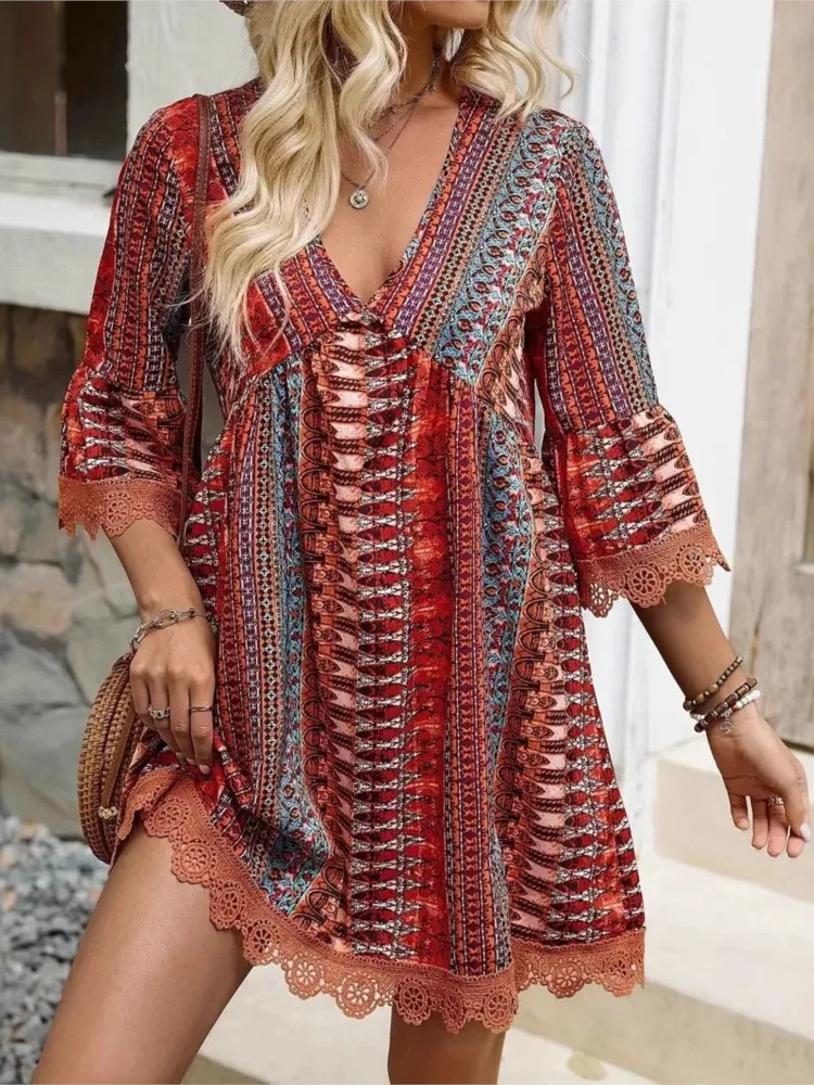 Summer Boho Print Dress Women Fashion Three Quarter V Neck Loose Mini Dresses Female Casual Holiday Beach Skirts Womens Clothing