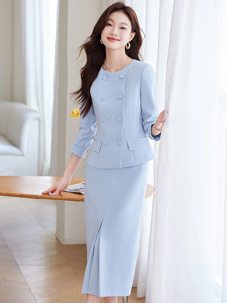 

Ele round Ne Double Breasted Suit Set Women's Profional Host Formal Workwear Polyester Fiber Commute Sle