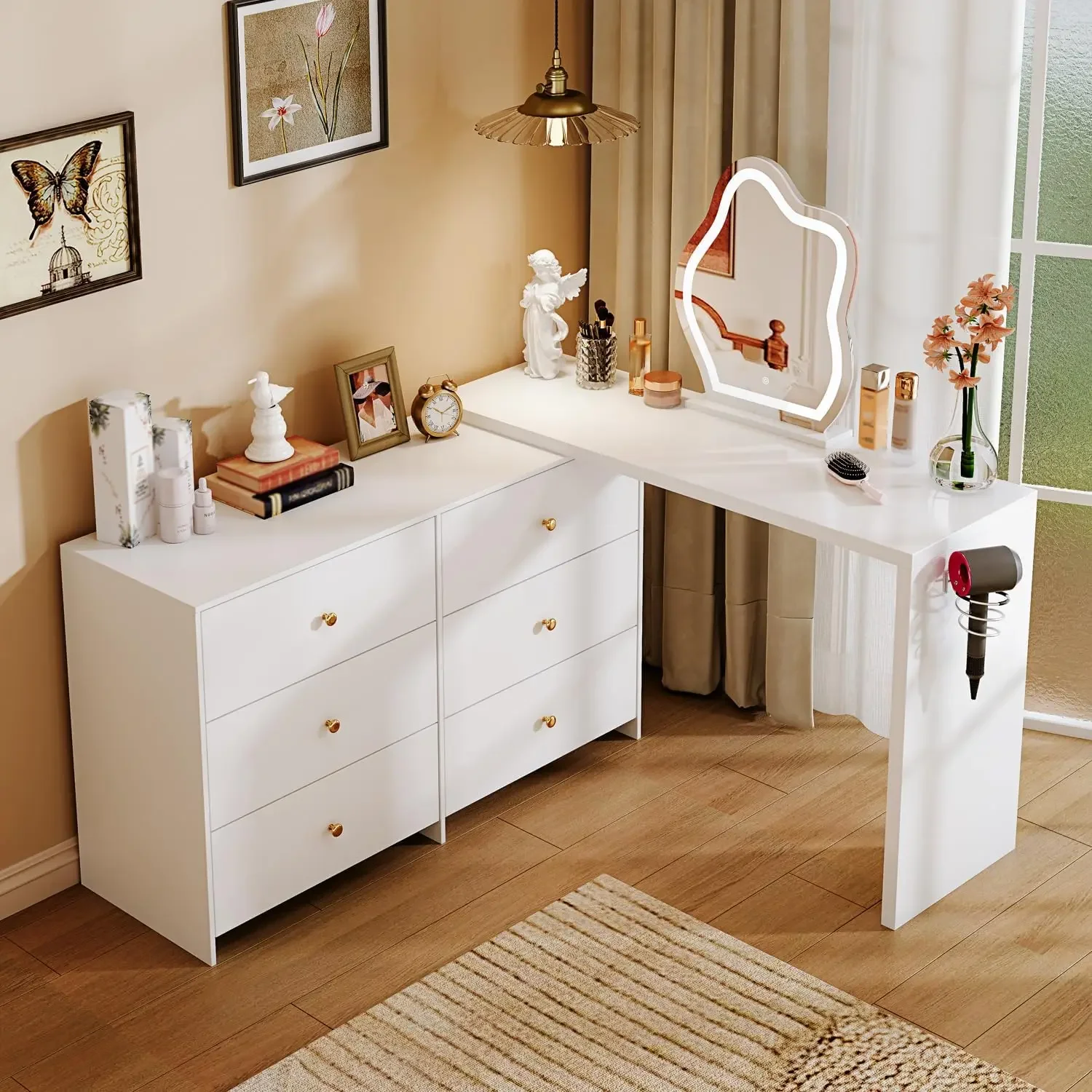 Table de maquillage d'angle moderne, avec miroir à LED et 6 grands égouts de proximité, avec armoire, table en élasthanne rétractable, pour écriture d'ordinateur portable