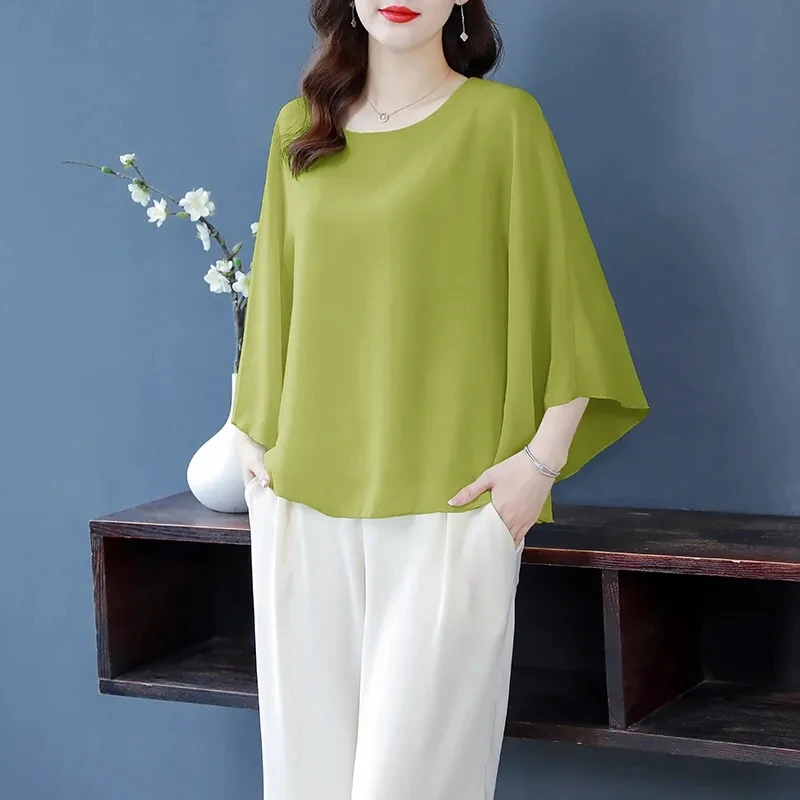 2024 Summer Chiffon Plus Size Blouses O Neck Short Sleeve Solid Loose Shirt Tops Simplicity Fashion Casual Women Clothes