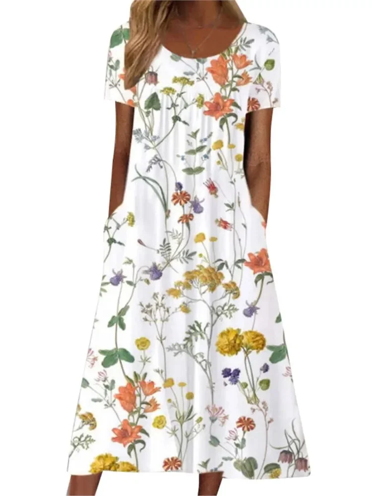 المرأة خمر الأزهار فستان طويل بوهو الصيف س الرقبة عادية فضفاض جيب قصيرة الأكمام فساتين حفلات الشاطئ للنساء فستان ماكسي