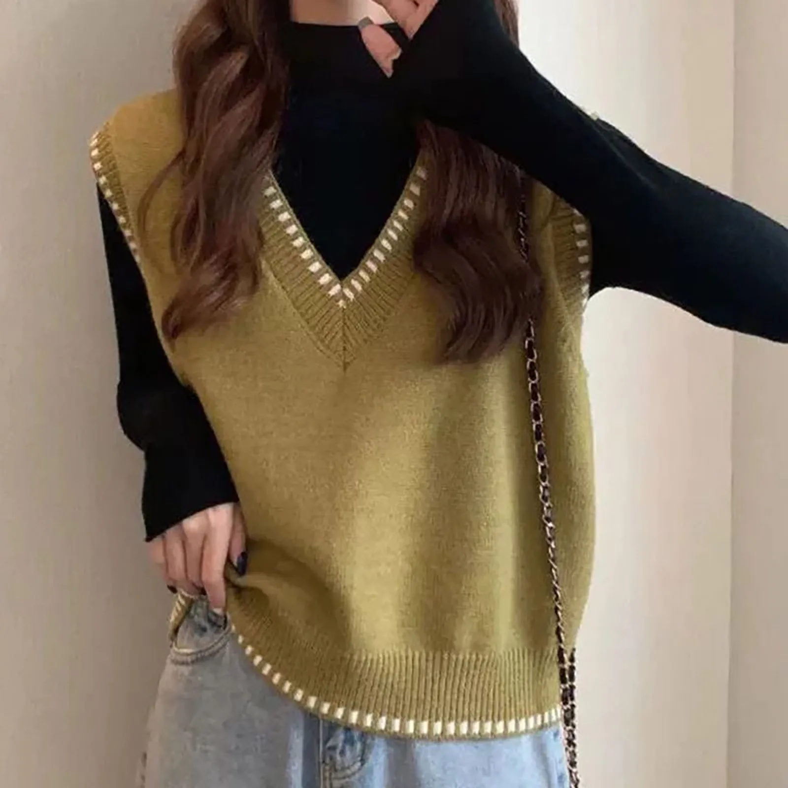 

Solid Sleeveless Women's Vest Fashion Women Sweaters 2024 loose Sweater Office Lady Basic Knitwears Tops Versatile knit Vest