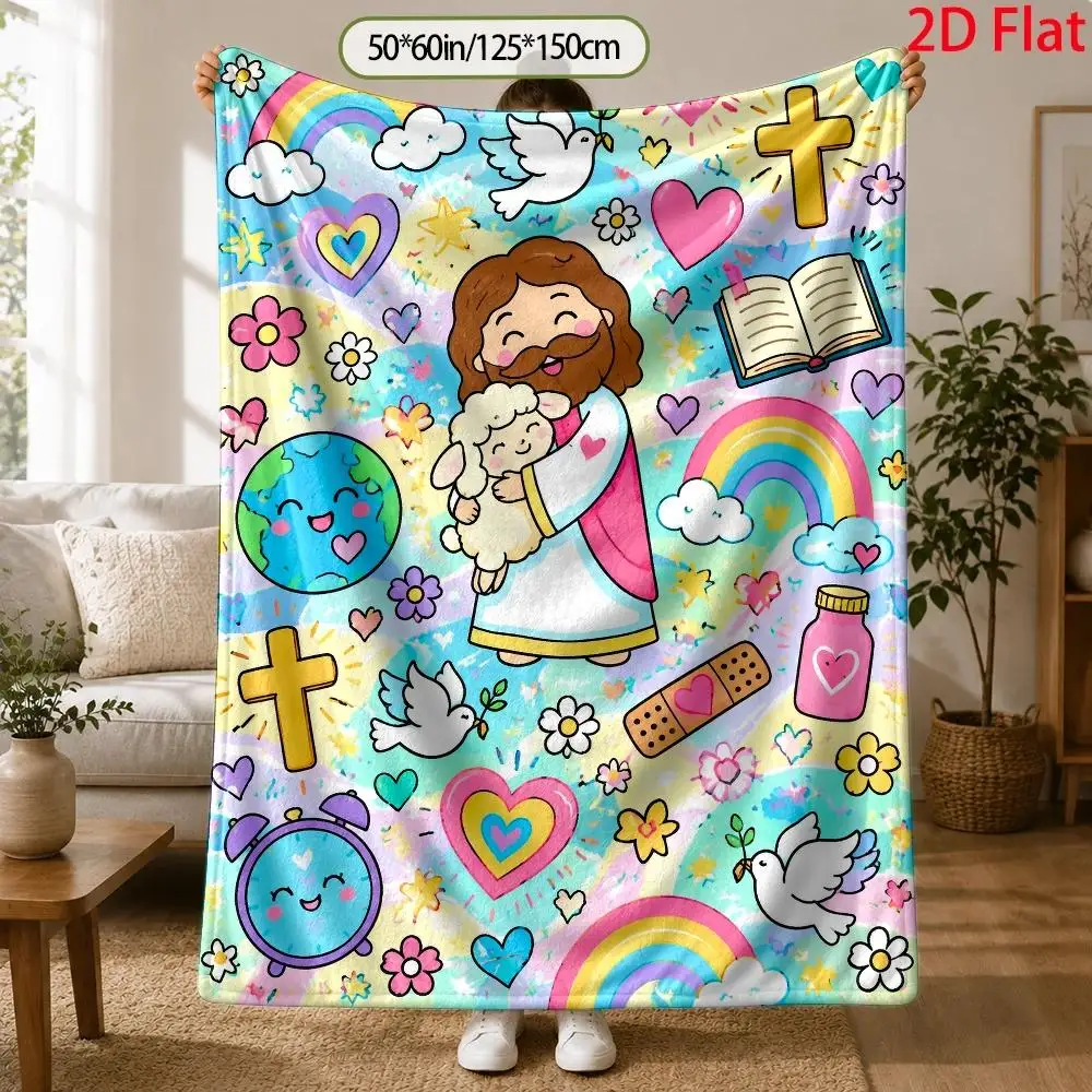Jesus Rainbow Christian Flannel Throw Blanket, Colorful Cross Dove Heart Bible Faith Cartoon Style Print, Soft Lightweight Cozy Bedding Cover for Sofa Couch Bed Bedroom Living Room, Cheerful Prayer Blanket, Religious Home Decor, Birthday Holiday Gift
