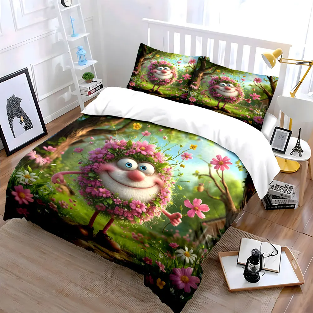 Fluffy Flower Spirit Smiling Stroll Printed Duvet Cover Set1 Duvet Cover+2 PillowcaseMulti Size Bedroom Bedding Decor