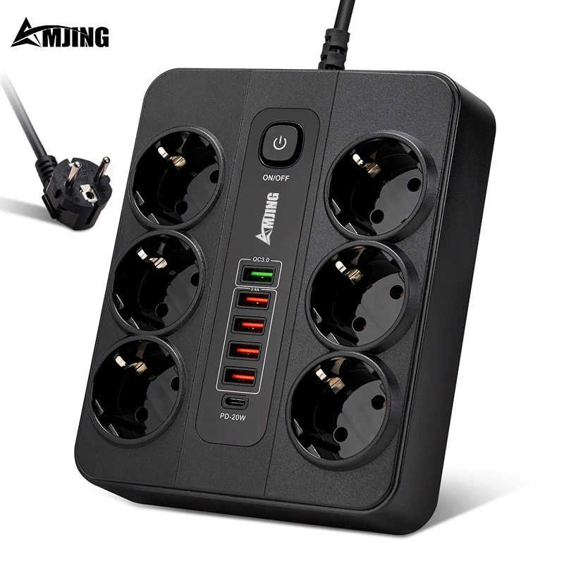 2M Extension Cable Power Strip EU Plug 6AC Outlet Electrical Socket With USB QC3.0 Quick Charger PD20W High Capacity Multi-strip