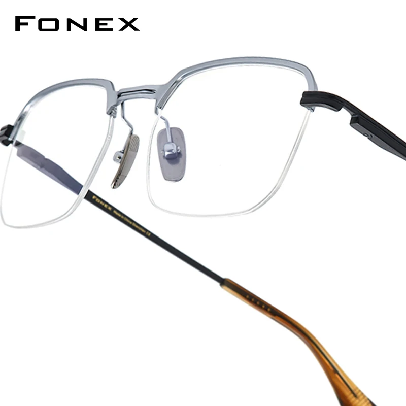 

FONEX Titanium Glasses Frame Men New Vintage Retro Semi-Rimless Square Eyeglasses Half-Rim Japanese Ultralight Eyewear DTX154