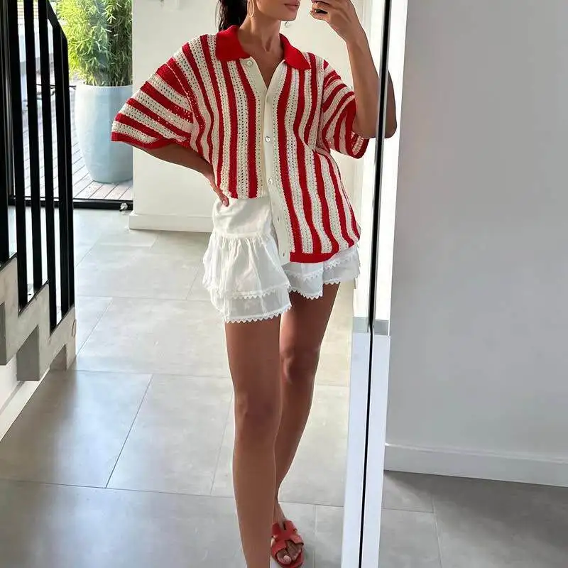 

Spring Summer New Style Women's Knitted Top Collar Shirt Color Block Design Casual Loose Fit mid Thickened Cardigan