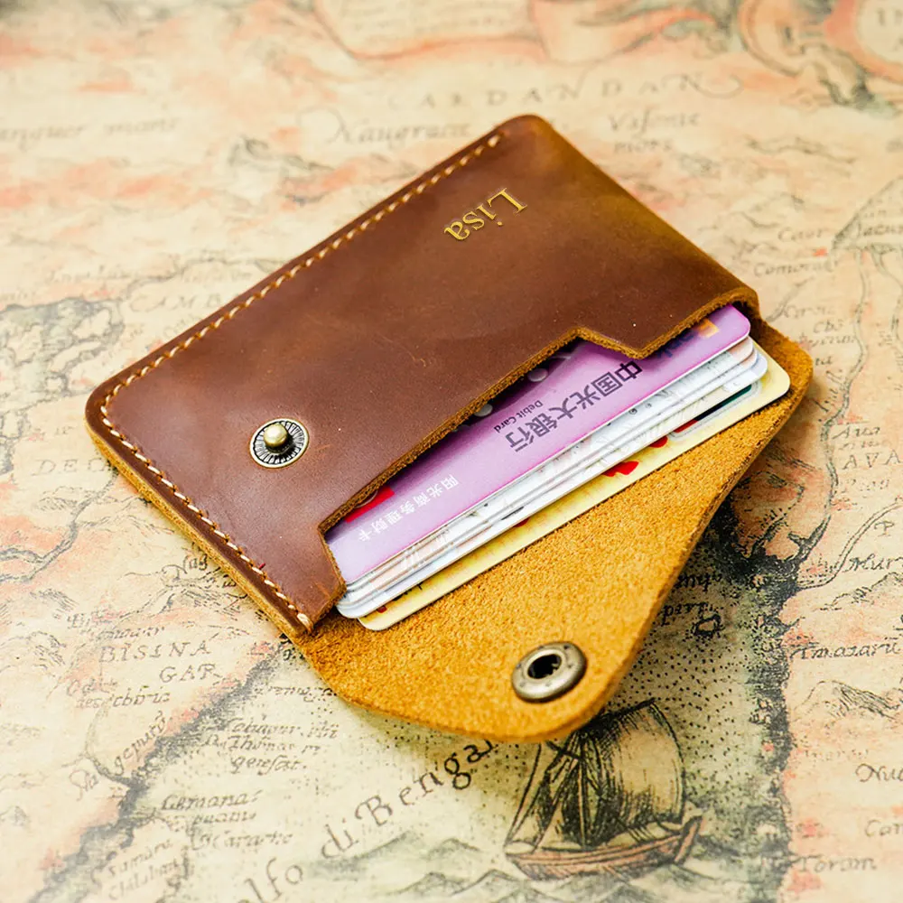 Customized Name: True Cool Pickup Case, Creative and Small Snap-On Coin Purse, Crazy Horse Leather Japanese Retro Card Case