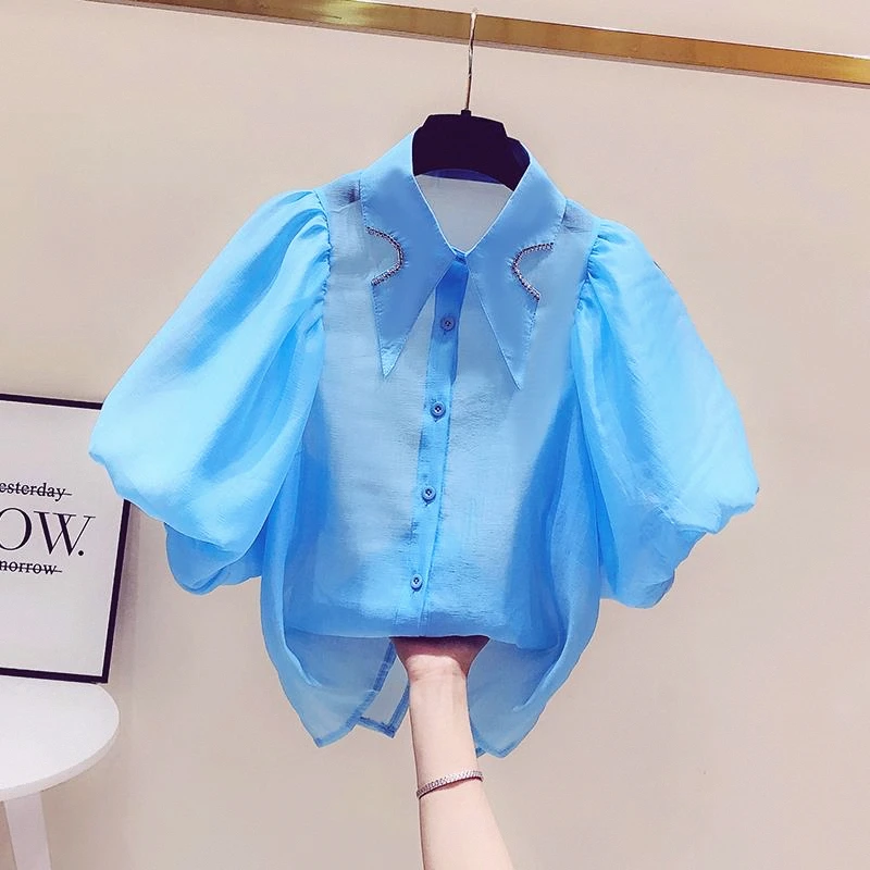 White Shirt Women Fashion Loose Puff Sleeve Blouse Korean Style Summer Short Sleeves Office Tops Thin