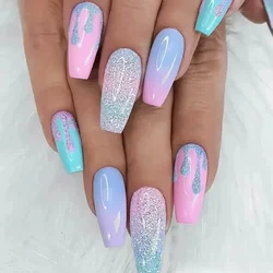 Uñas postizas de Ballet largas para niña, uñas postizas artificiales extraíbles, color rosa y azul degradado, prensa acrílica, 24 unidades por juego