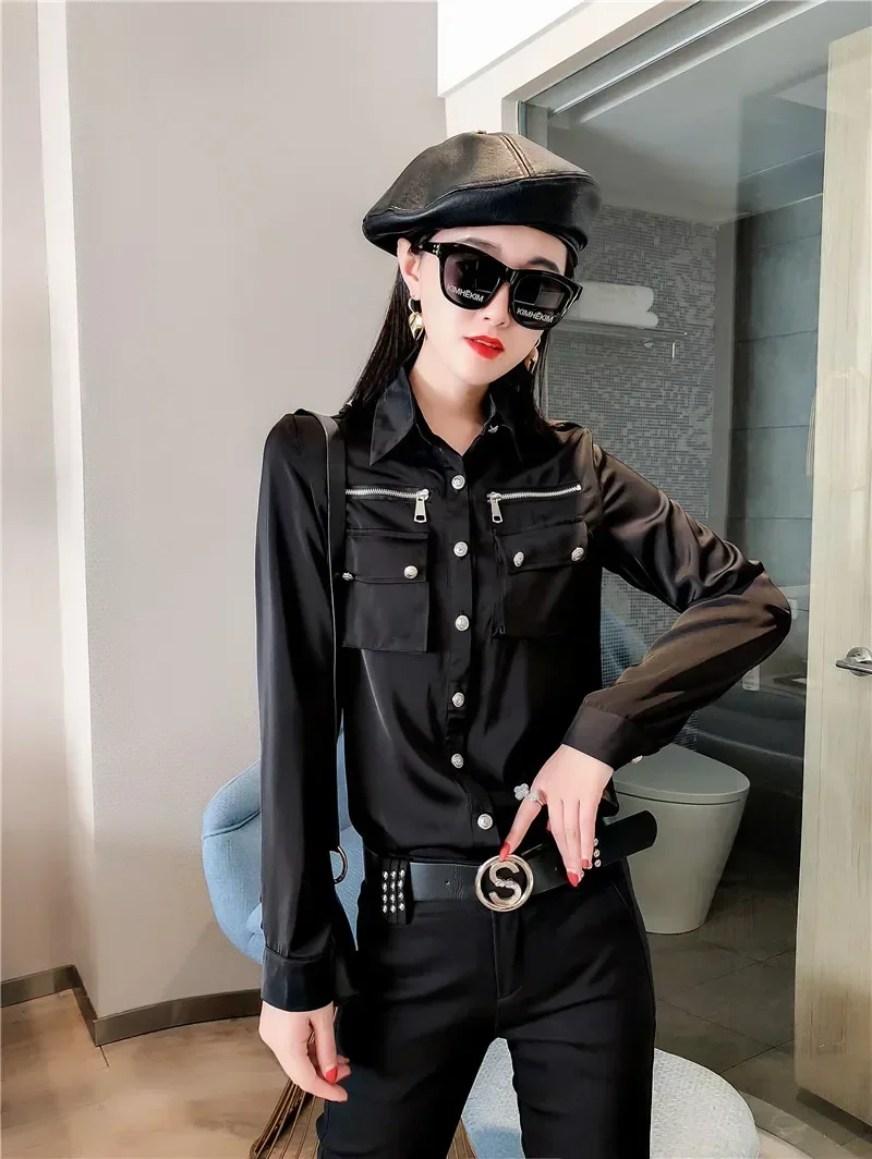 Camisa de satén con bolsillos para mujer, Tops de satén con cremallera, camisas de satén negras para oficina para mujer, otoño