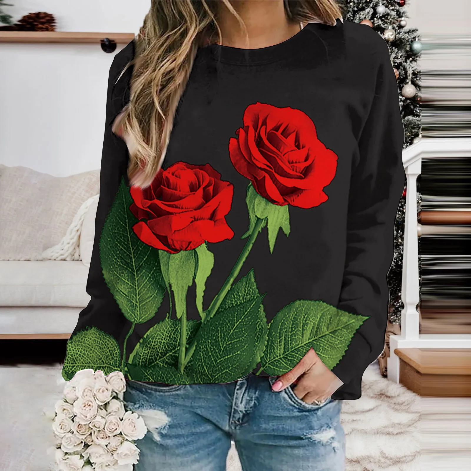 

Vintage Sweatshirts Red Rose Flower 3D Printing Casual Clothes Long Sleeve Fashion Oversized Female Clothing Tops Winter/Autumn