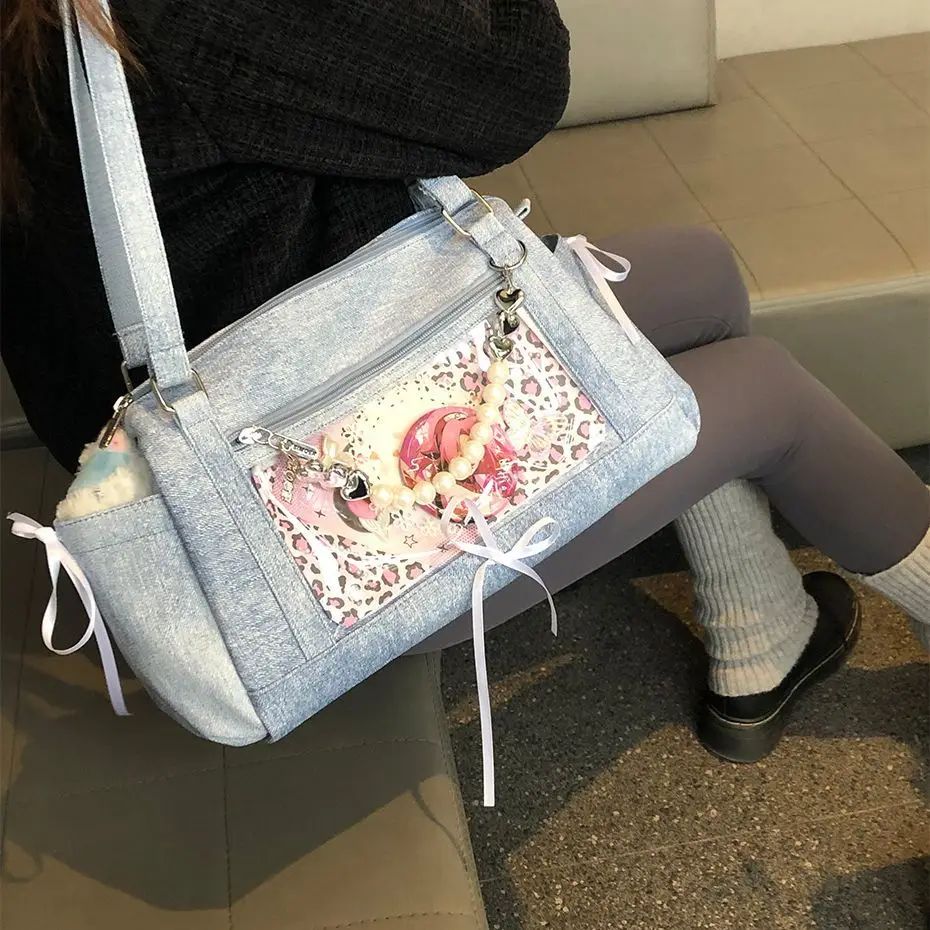 

JIAERDI Harajuku ретро милая милая сумка-тоут с бантом женская джинсовая сумка на плечо большой вместимости женская повседневная сумка с лентой в стиле аниме 2025