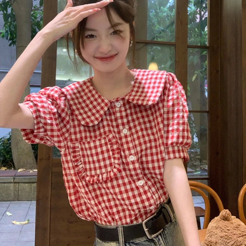 

Kawaii Plaid Shirt Women Loose Vintage Short Sleeve Preppy Style Blouse Japan Cute Peter Pan Collar Female Vintage Sweet Tops