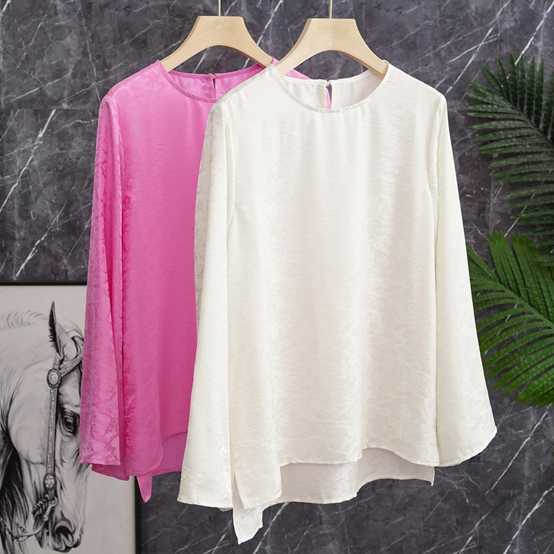 

Elegant Simple New Chinese Style Silk Shirts Women's Loose Fit round Neck Long Sleeve Pure Color Commute Style Button Detail