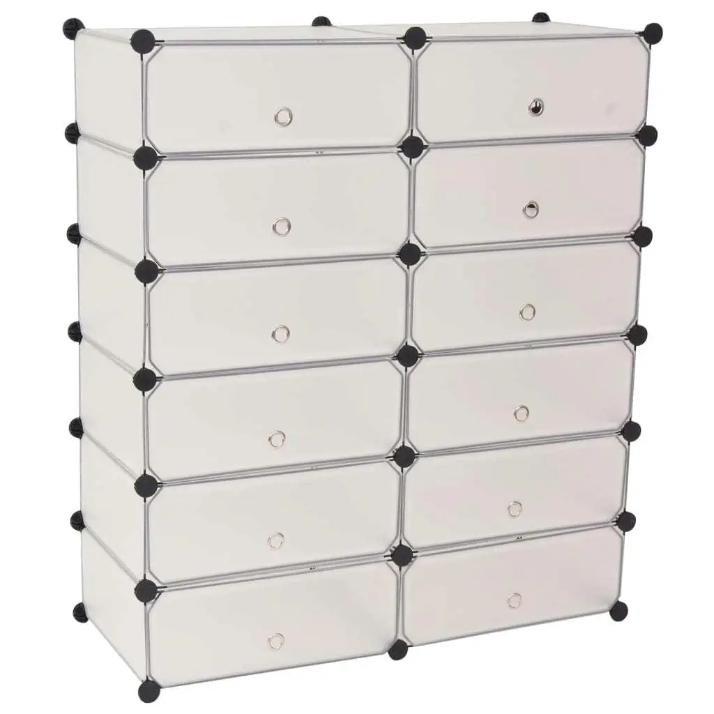 12-Compartment Interlocking Shoe Organizer - Space-Saving White Storage Solution