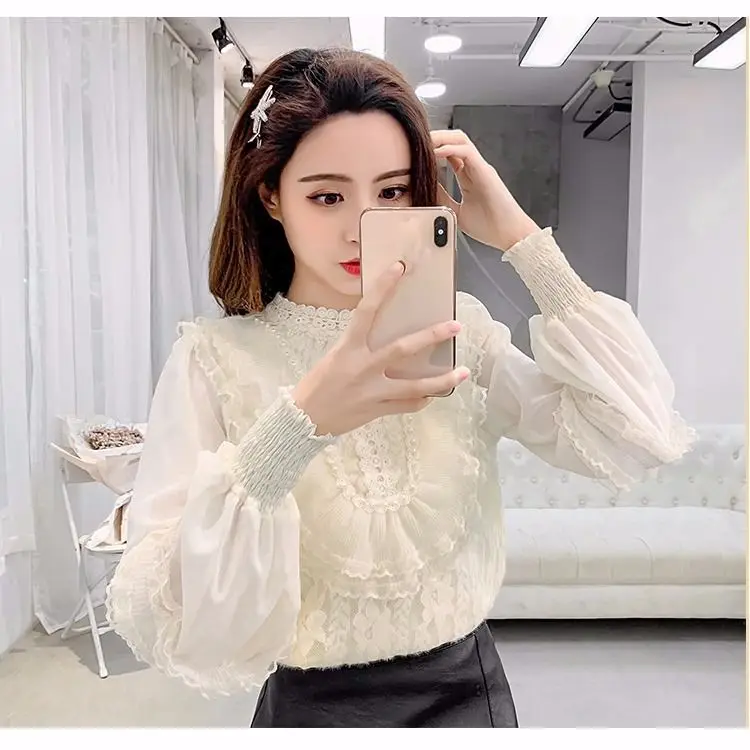 Mesh Patchwork Lace Shirt Women\'s Autumn Outfit New Nail Bead Ruffle Edge Shirt Long Sleeved Butterfly Chiffon Top Trendy