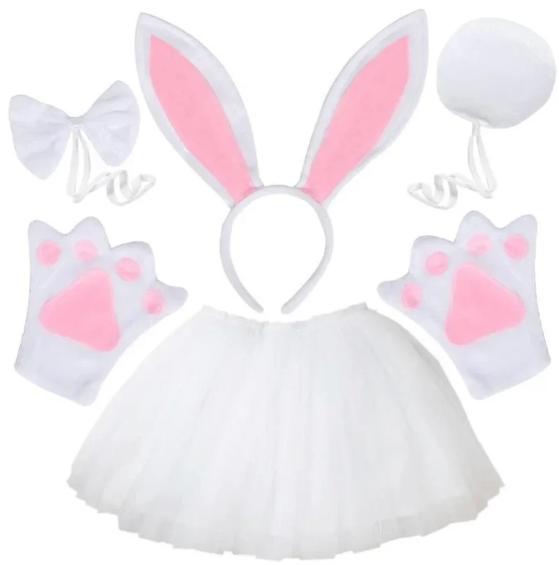 Women Girls Plush Animal Easter Bunny Ear Headband Tail Bow Skirt Birthday Party Baby Shower Halloween Rabbit Cosplay Costume