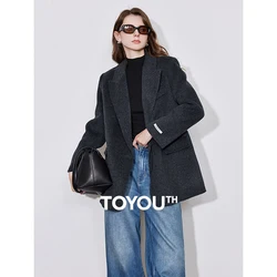 TOYOUTH Women Double Sided Woolen Coat 2024 Winter New Camel Silk Lapel Collar Mid Length High Luxury Warm Woolen Suit Coat