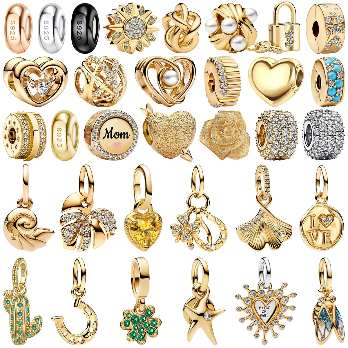 

S925 Pave Set Gem Glitter Love Charm Horseshoe Cactus Clover Engraved Relief Beads DIY Bracelet Necklace Gratitude Gift Jewelry