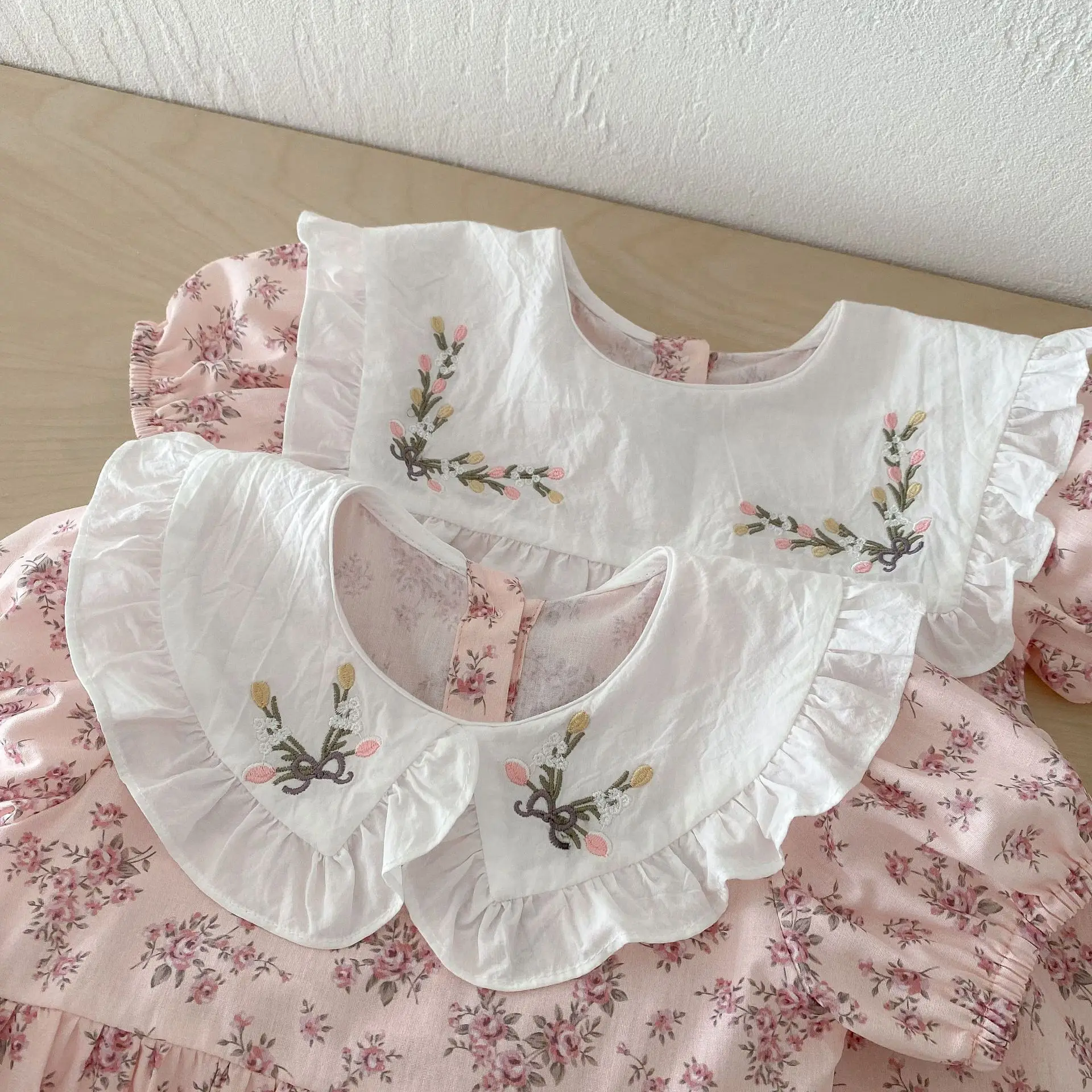 Summer Korean Baby Girls Sister Look Embroidery Lace Collar Short Sleeve Floral Printed Toddler Girls Dress Infant Girl Bodysuit