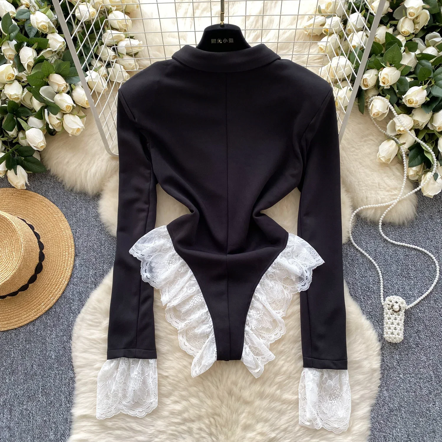 Hotsweet Turn-down kraag elegante lange mouwen chique kant gesplitste bodysuits slanke top Koreaanse sexy high street herfst jumpsuit