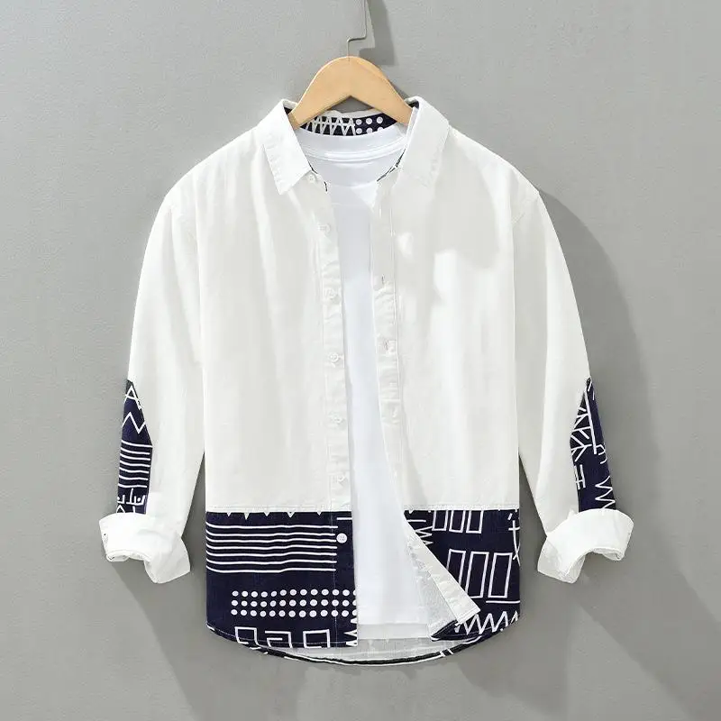 

Men's Pattern Printed Spliced Long Svéd irt Pure Cotton Breathable Moisture ng Comfortable Fit Spring Summer Casual irt