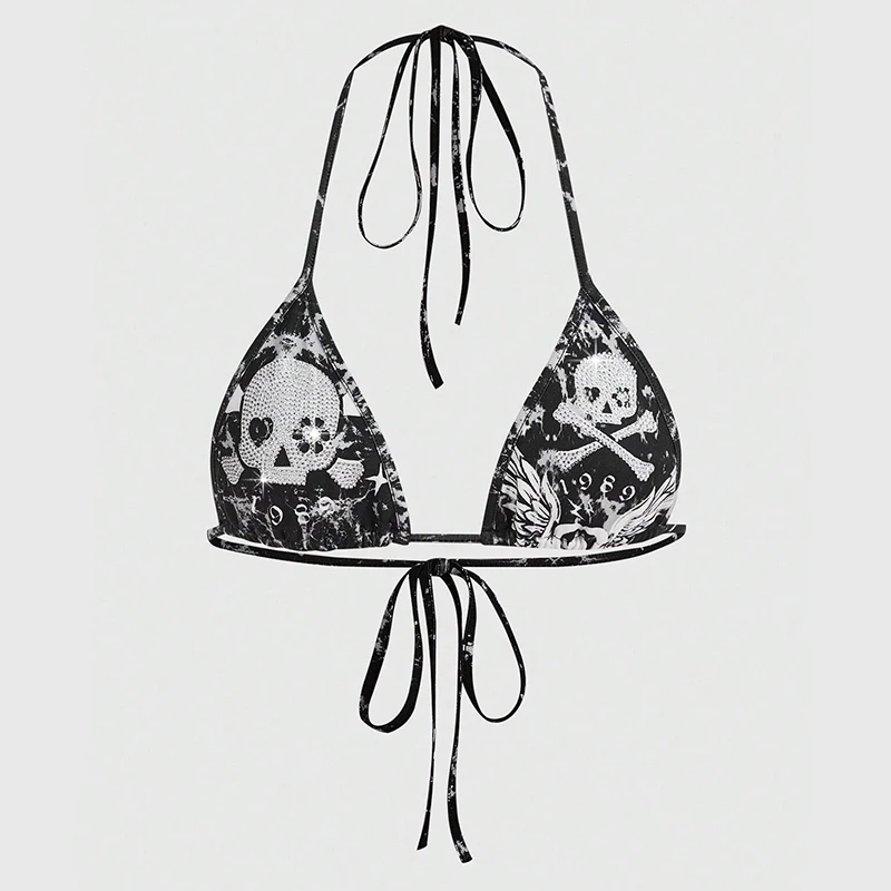 

Европейский и американский стиль, череп, галстук, краситель, узор, украшение с бриллиантами, пляжное бикини, купальник Y2k, готический панк, сексуальная пряная девушка
