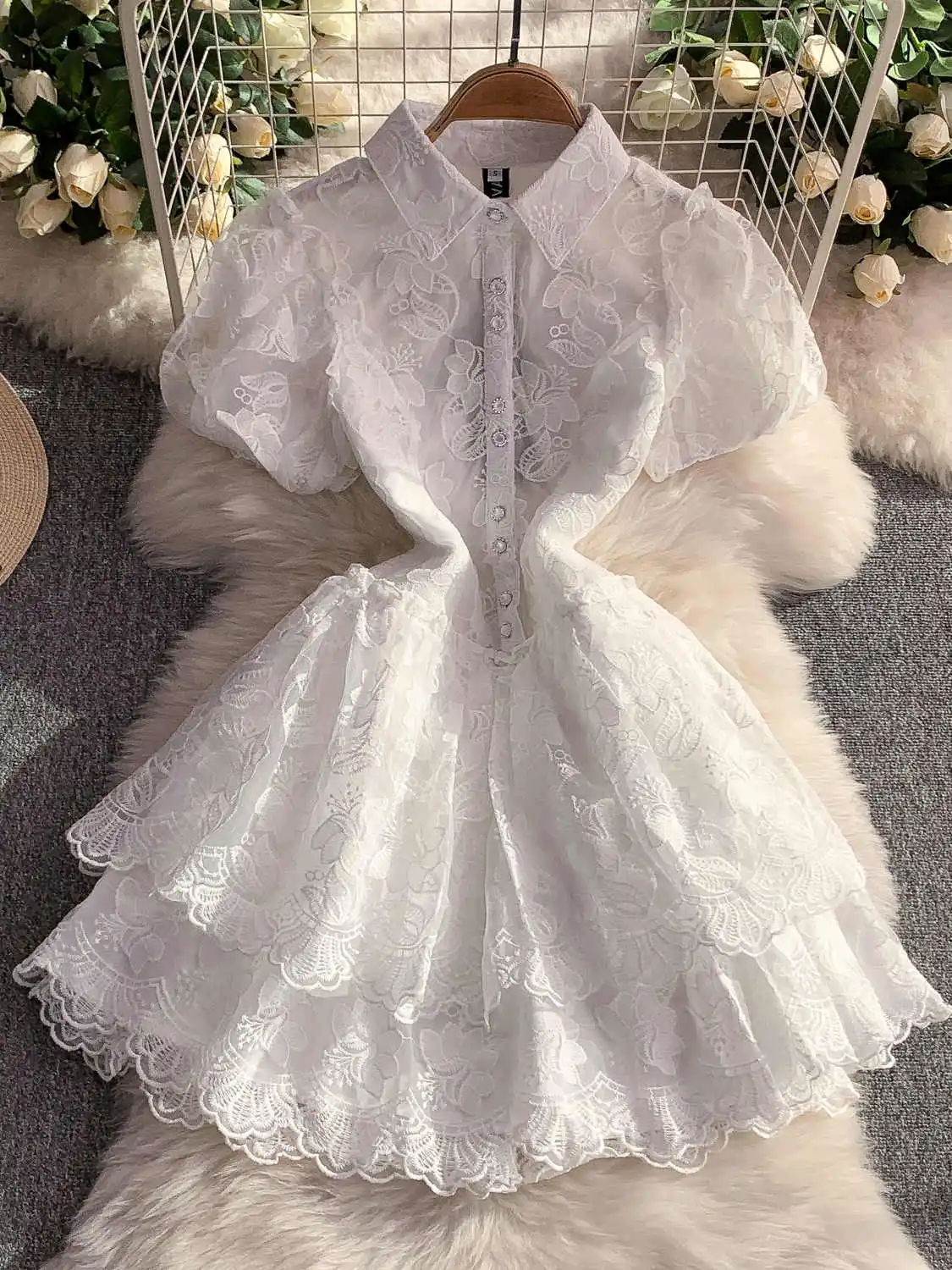 

Women's White Polo-Neck Lace Mini Dress Vintage Dresses Y2k Puff Sleeve Sundress Robe One Piece Frocks 2000s Clothes Summer 2025