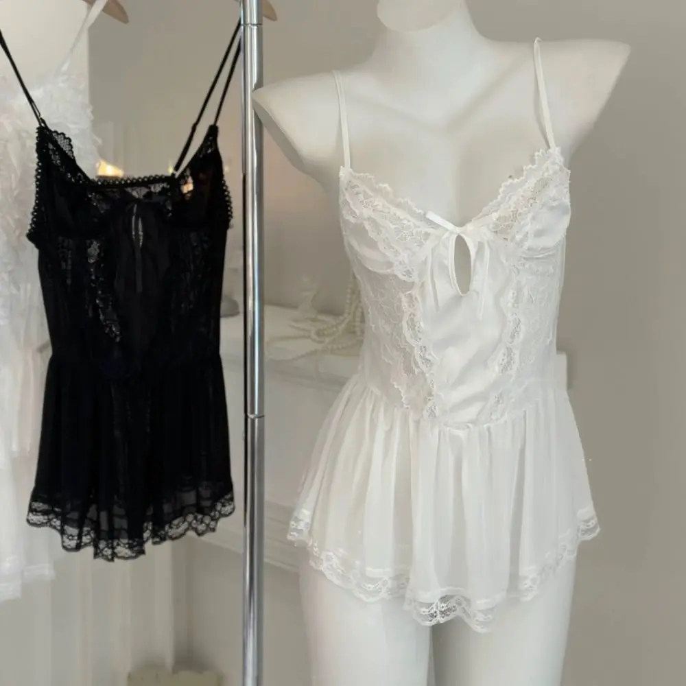 

Удобная кружевная ночная рубашка с бантом, женское нижнее белье, ночная рубашка на бретельках, прозрачная милая кружевная сетчатая ночная рубашка для девочек