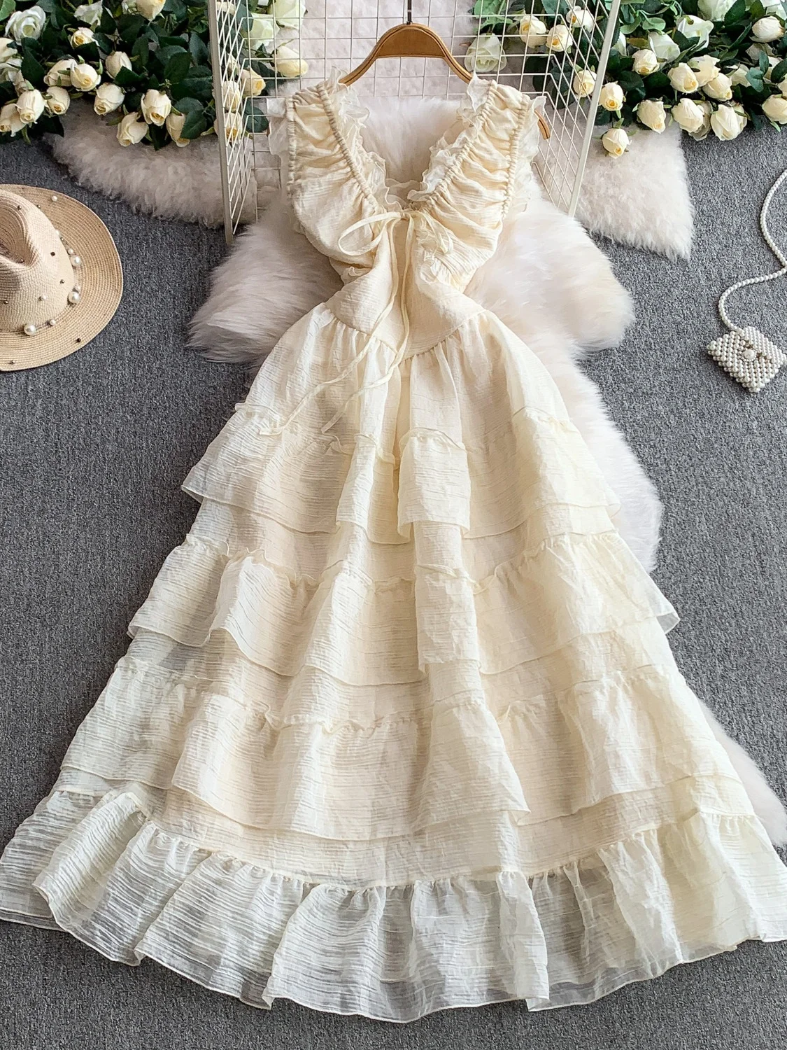 Pure Desire Dstring V-ne Svel feminino Dr Sweet Date cintura alta saia de renda em camadas linha A verão Dr