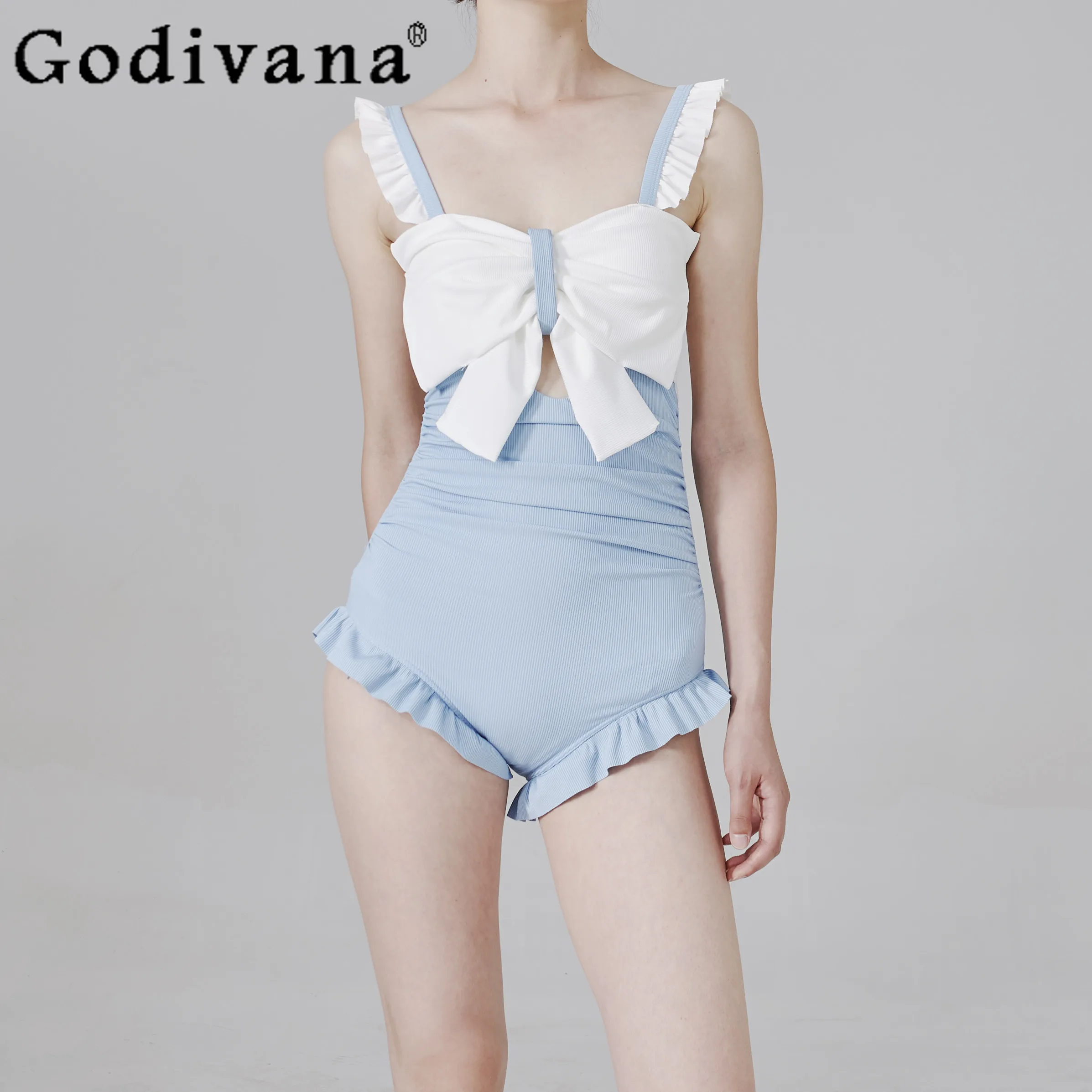 2024 Summer New Fashion Blue Bow One-Piece Swimsuit Japanese Girly Sweet Cute Slim-Fit Elegant Swimwear Women Y2k Bathing Suit