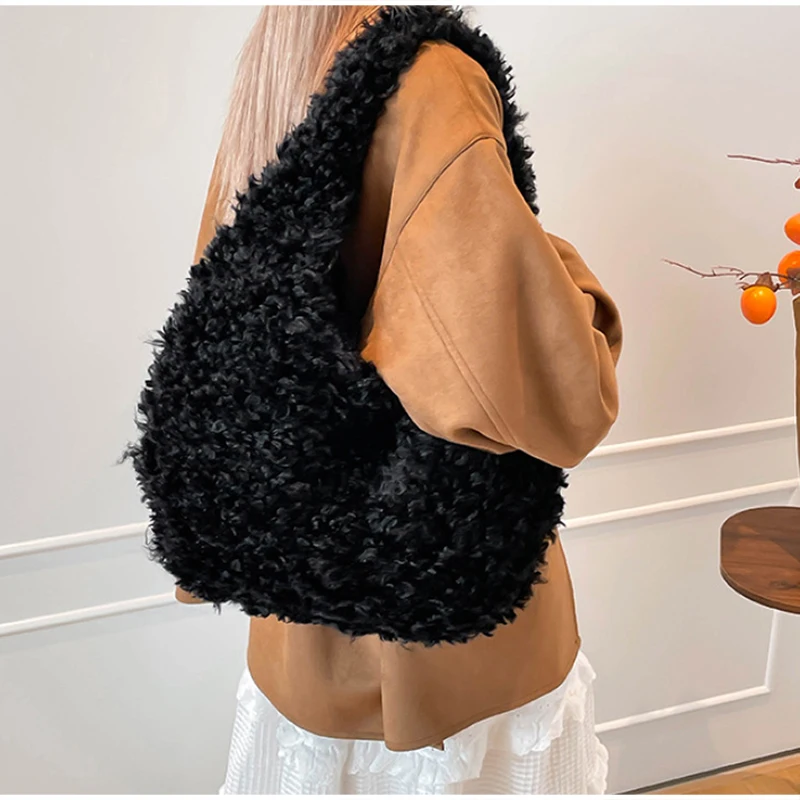 Flauschige, lockige Kunstfell-Hobo-Schultertasche, Plüsch-Halbmond-Unterarmtasche, weiche Teddy-Fuzzy-Halbmond-Handtasche, warme Winter-Handtasche für Damen – Detail 21