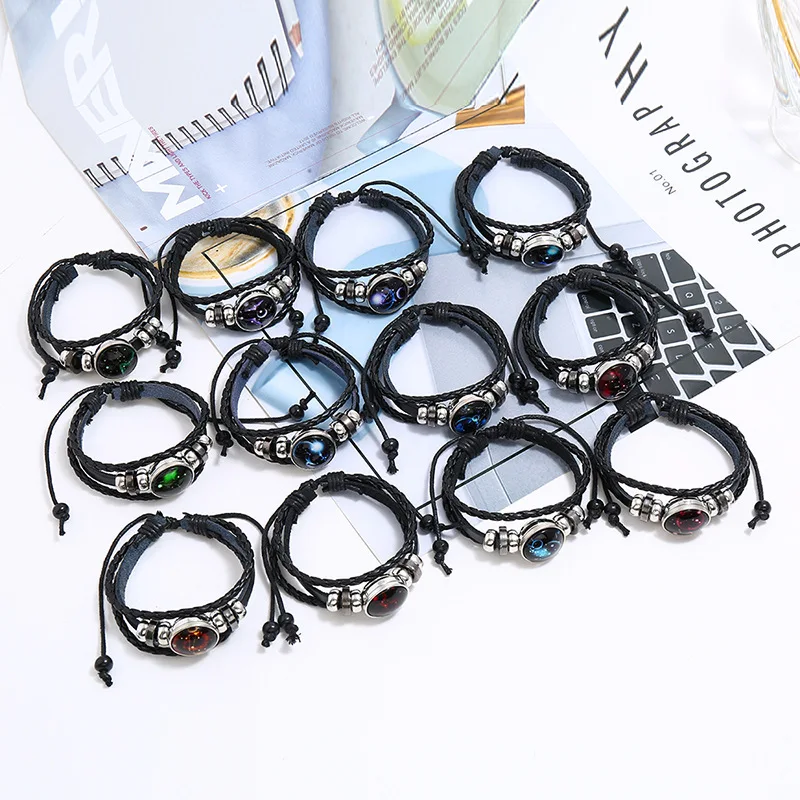 Glow in The Dark 12 Constellations Leather Rope Bracelet For Women Men Luminous Zodiac Sign Charm Bangle Punk Jewelry Gift
