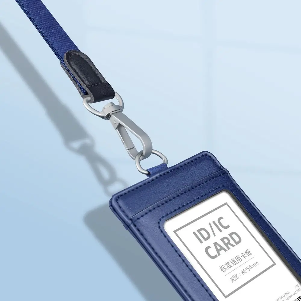 Cowhide Leather ID Card Holder with Lanyard Neck Strap Doctors Badge Holder Chest Card Carabiner Style Work Card Case Referee