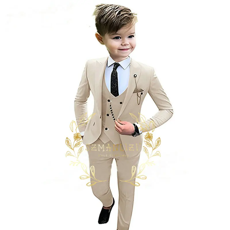 Kids Boys Beige Blazer Vest Pants 3PCS Set Children Baptism Wedding Prom Suit Baby Boy Elegant Dress Teenager Party Costume